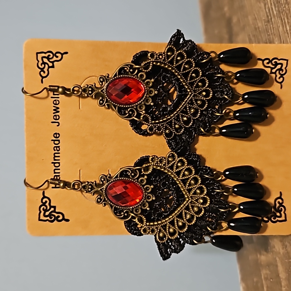 Handmade Earrings . Gothic Brass/Black/Red